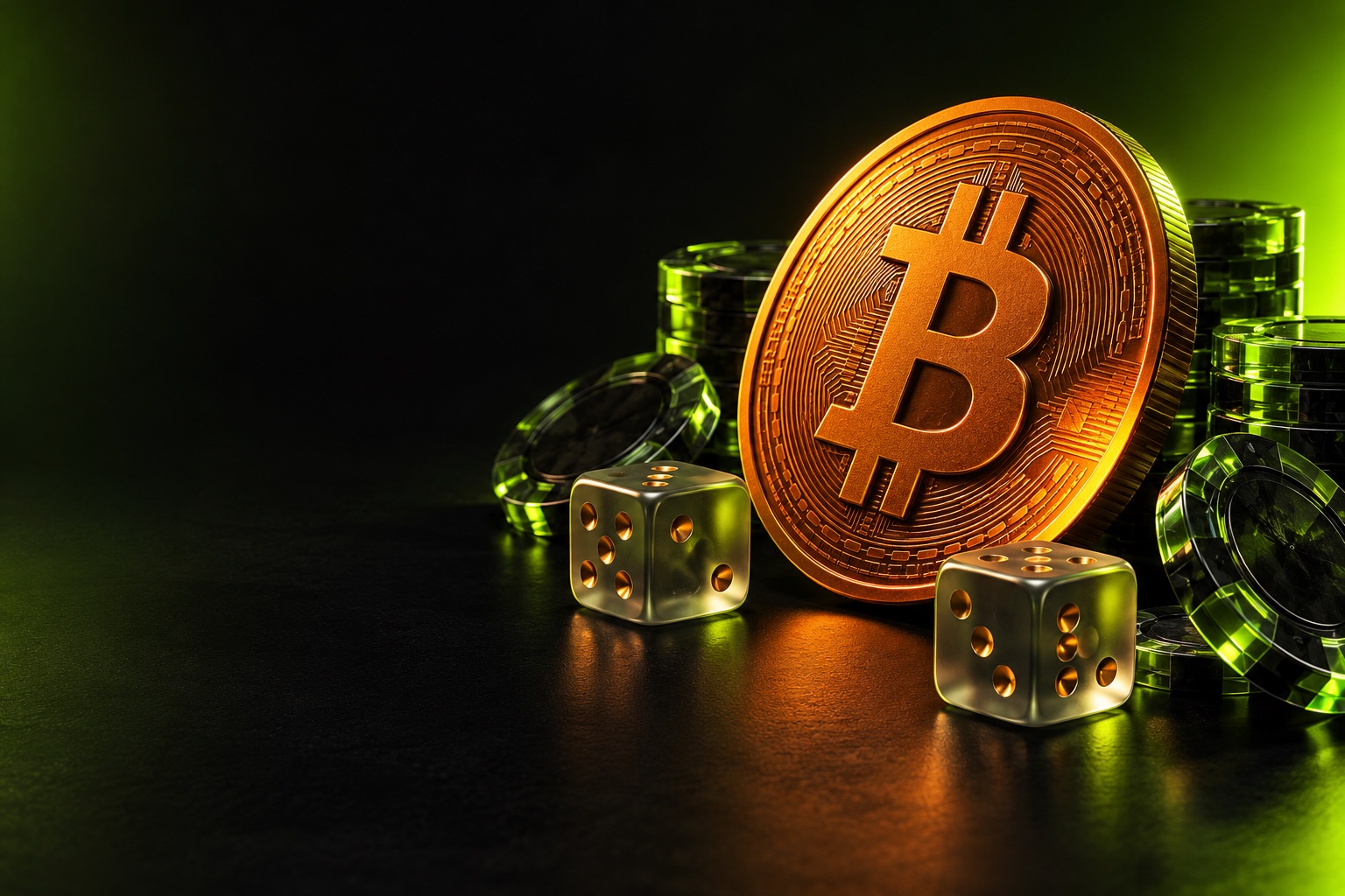 Orange Bitcoin-Münze mit Glas-Chips und Würfeln im limettengrünen Licht