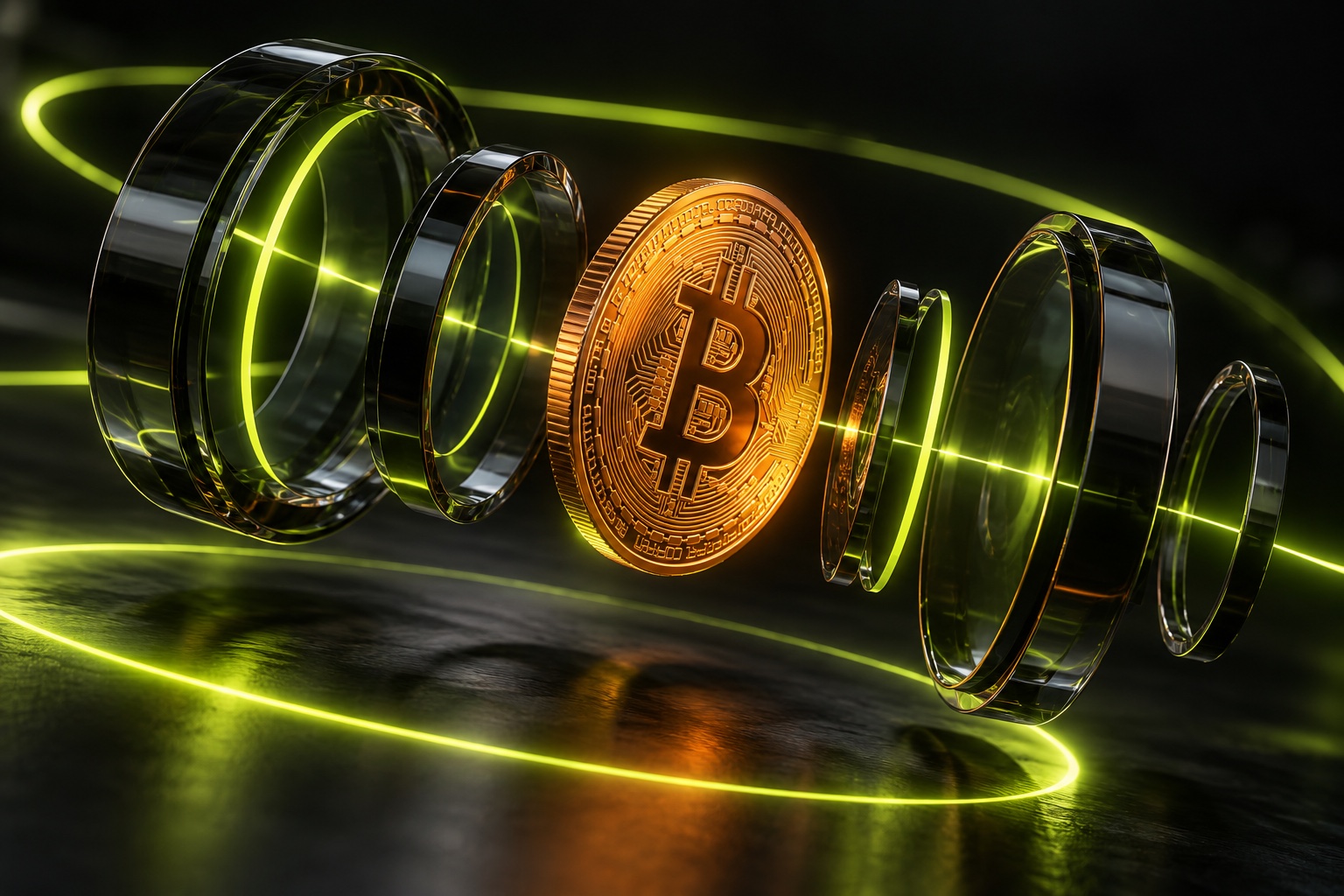 Bitcoin-Münze mit transparenten Ringen und leuchtenden grünen Lichtbahnen